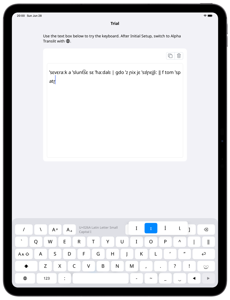 Alpha Translit app input screen (iPad, Latin layout)