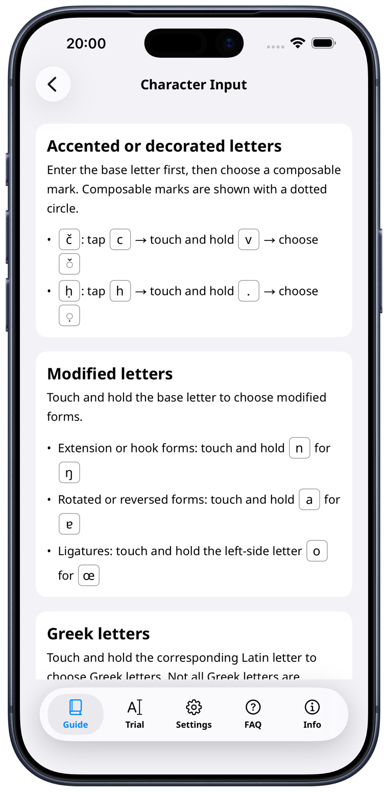 Alpha Translit app input screen (iPhone, Latin layout)