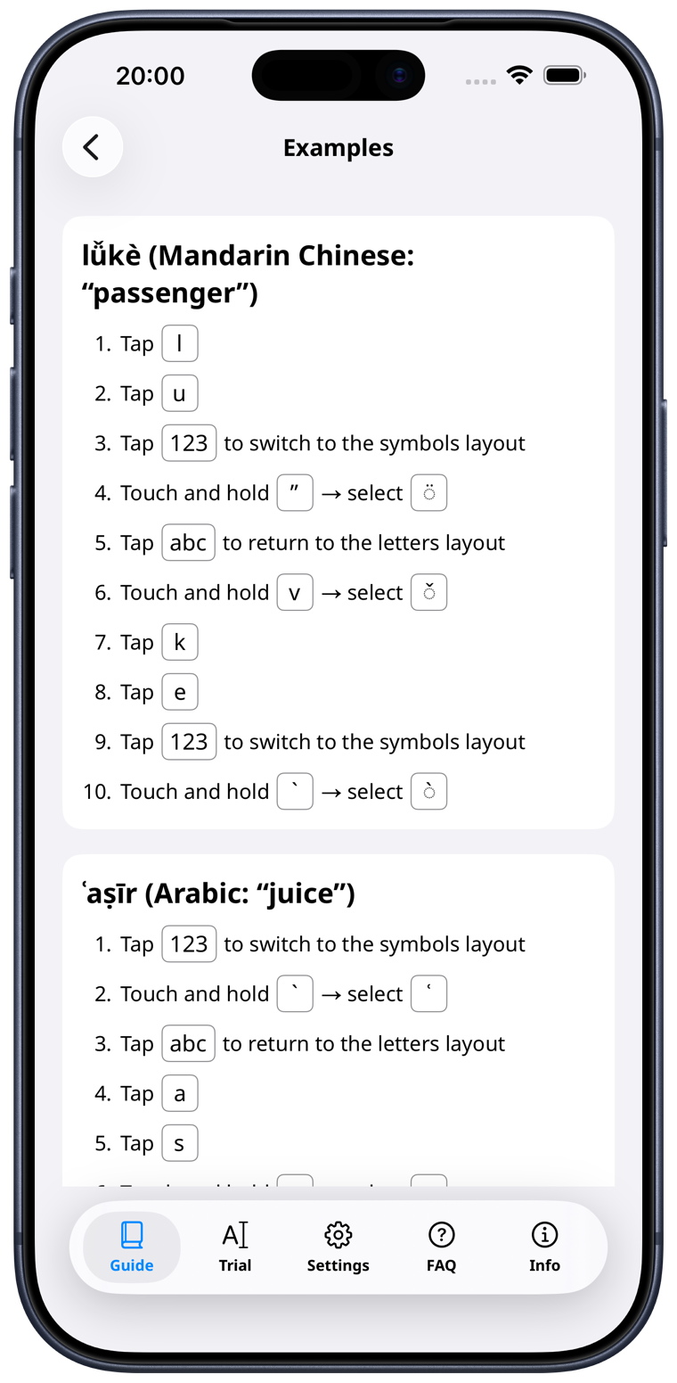 Alpha Translit app screen showing typing examples