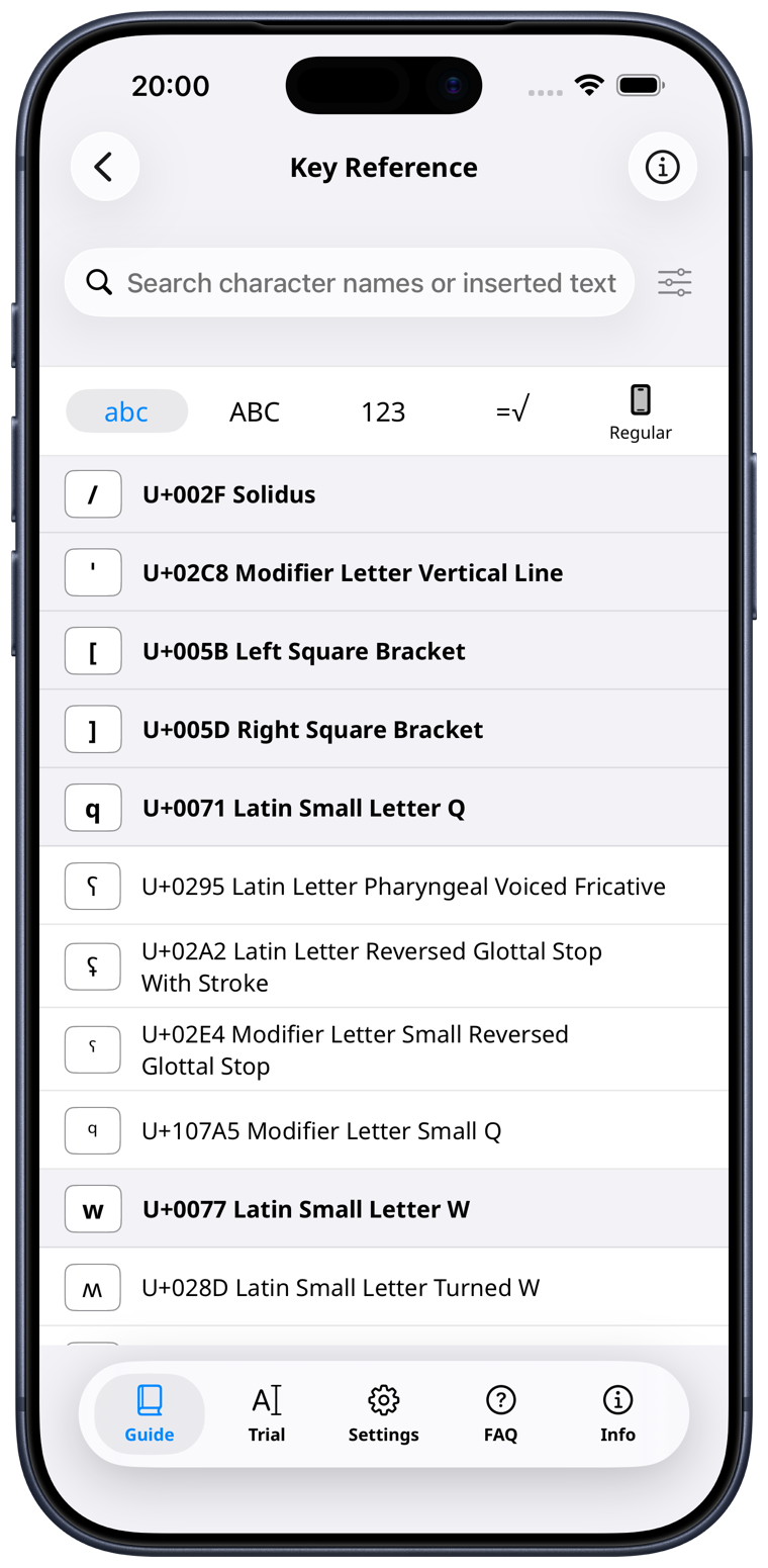 Alpha Translit app key reference screen (iPhone)