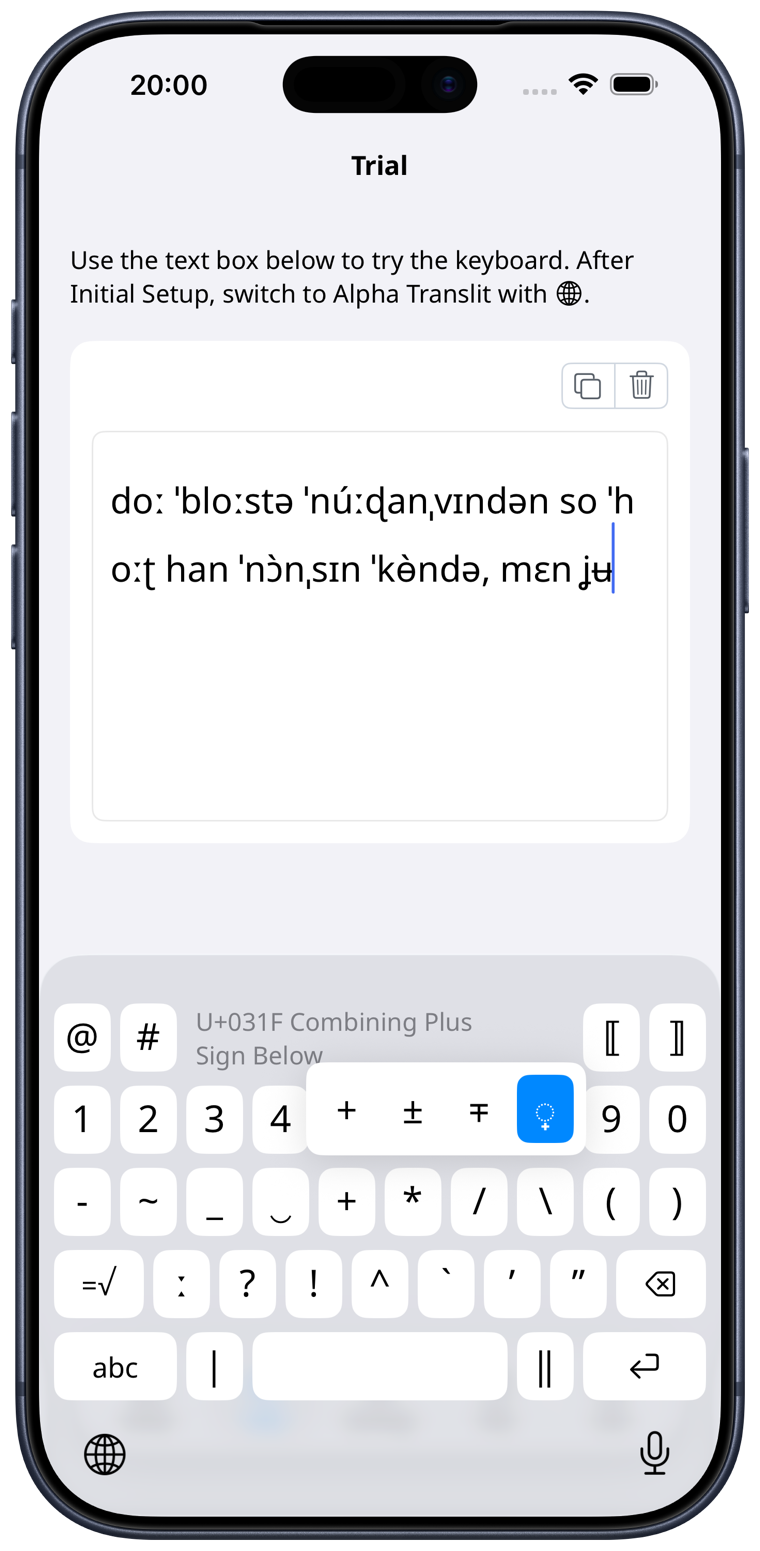 Alpha Translit app input screen (iPhone, Symbols layout)