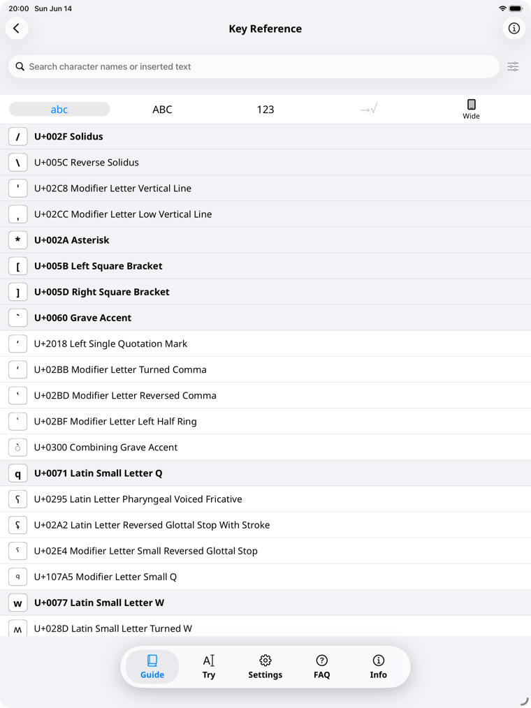 Translit の iPad 縦向きキーリファレンス画面