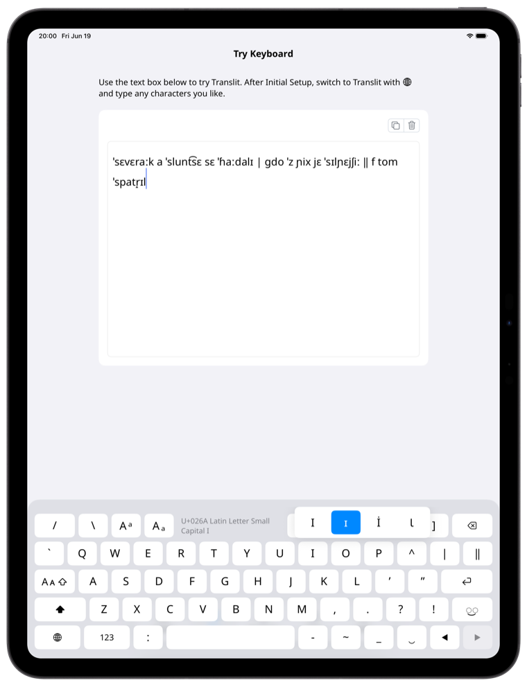 Translit Latin keyboard screen on iPad in portrait orientation