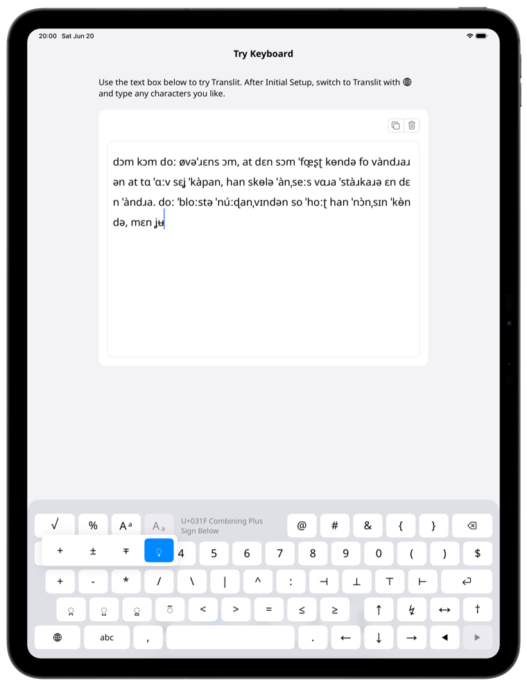 Translit symbols keyboard screen on iPad in portrait orientation