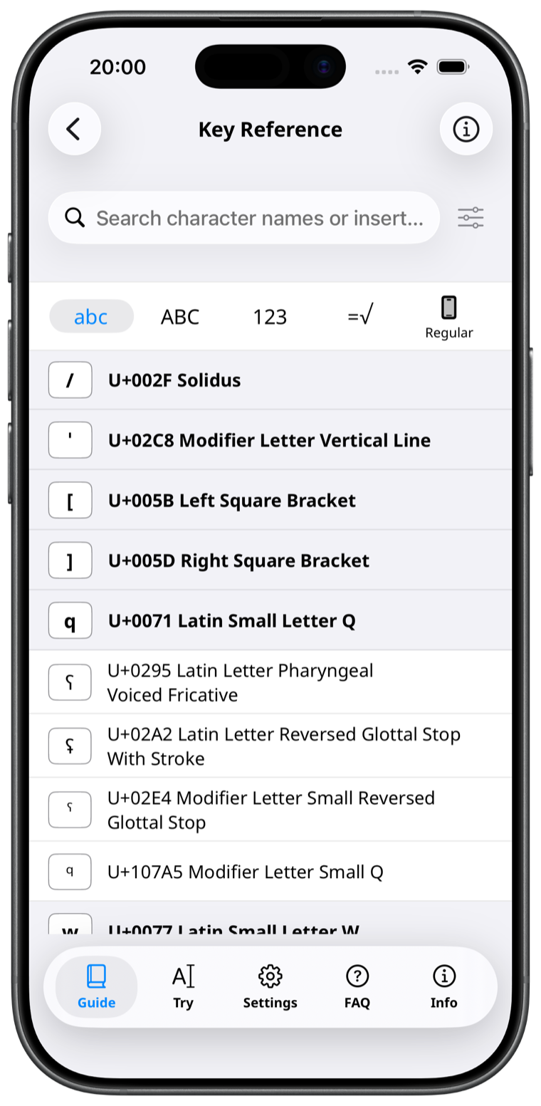 Translit key reference screen on iPhone