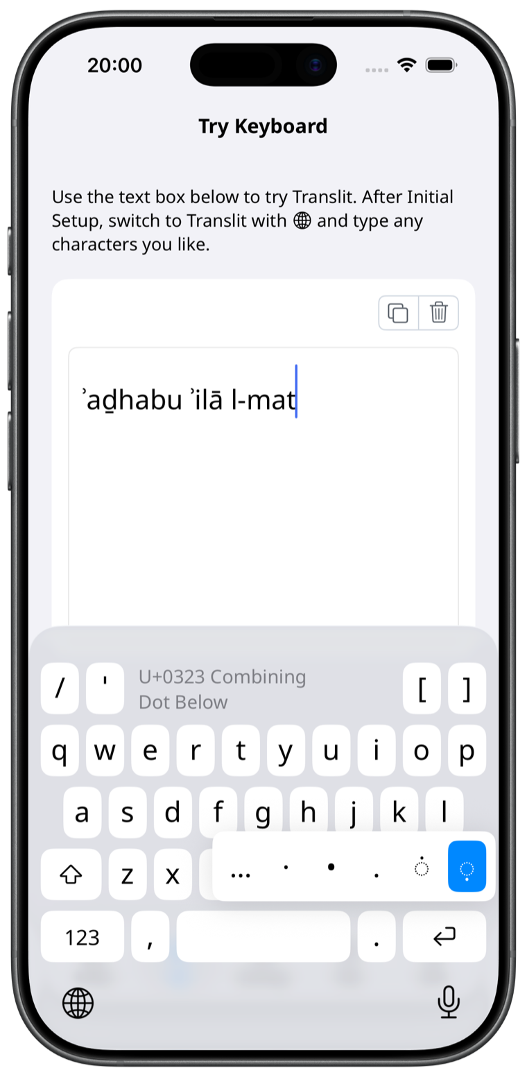 Translit Latin keyboard input screen on iPhone